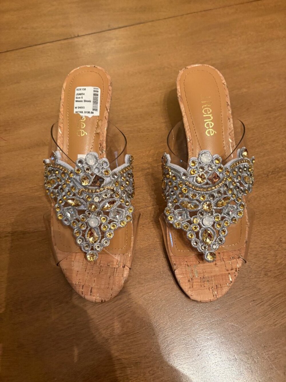 NWT J.Renee Allysen Open Toe Jeweled Embellished Cork Wedge Heel. Size 6